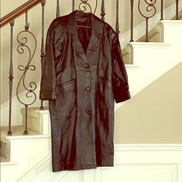 Vintage 70’s 80’s Missy Black 100% Leather Button Full Length Trechcoat Sz M - Picture 2 of 8